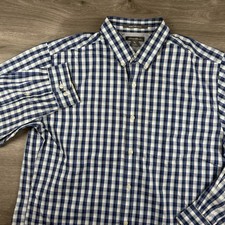 Eddie Bauer Dress Shirt Mens TL Tall Blue Plaid Wrinkle Free Slim Fit Button
