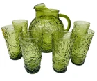 Vintage Anchor Hocking Lido Milano Green Glass Pitcher w/ 6 (Six) 10oz Tumblers