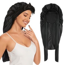Long Satin Bonnet for Sleeping, Lined Braid 30 Inch, C01-black