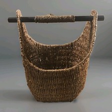 Large Wicker Basket with Wooden Handle Brown w/Black Handle