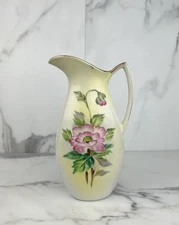 Vintage Pitcher Vase Pink Floral Gold Trim with Handle 8” Hand Painted
