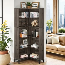 5 Tier Tall Corner Shelf Stand Bookcase Storage Rack with Shelf,Open Book She...