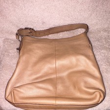 Coach Tan Shoulder Bag, Pebbled Leather, Turn Lock, Silver Hardware, Tag Accent