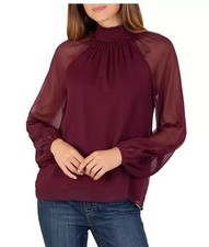 Joie Deep Wine Smocked Mock Neck Long Sheer Sleeve Blouse Top size XL New