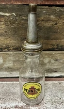 PENNZOIL 1 Qt. Glass Motor Oil Bottle w/ Tin Master Mfg. Co. Spout~Cap