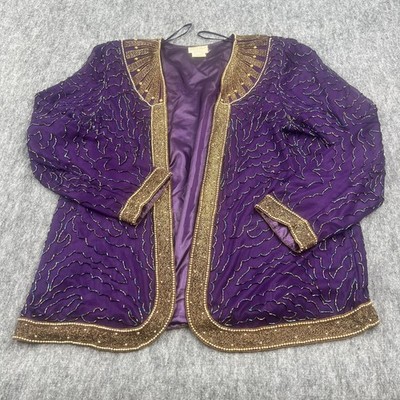 Tan-Cho Jacket Womens Large* Purple Silk Beaded Open Front Indian Party Formal