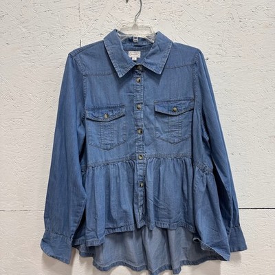 Mud Pie Large Button Down Blue Chambray Shirt Peplum High Low Long Sleeve Denim