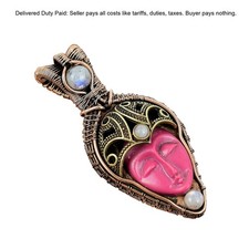 Copper Oval Pink Carved Stone Stone Rainbow Moonstone Boho Sister Pendant