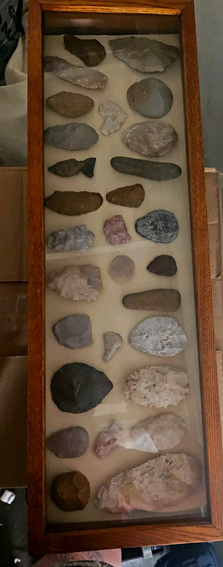 Wood Framed Glass Top Display Case w/ Assorted Stone Artifacts Points