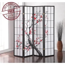 Roundhill Furniture Japanese 4-Panel Screen Room Divider, Plum Blossom -Black
