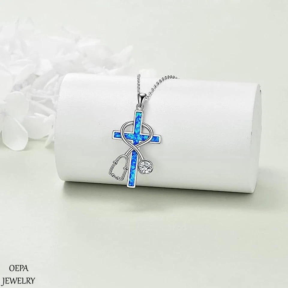 Collar estetoscopio de plata esterlina para collar de cruz de enfermera collar de cruz de ópalo Foto 4 de 4