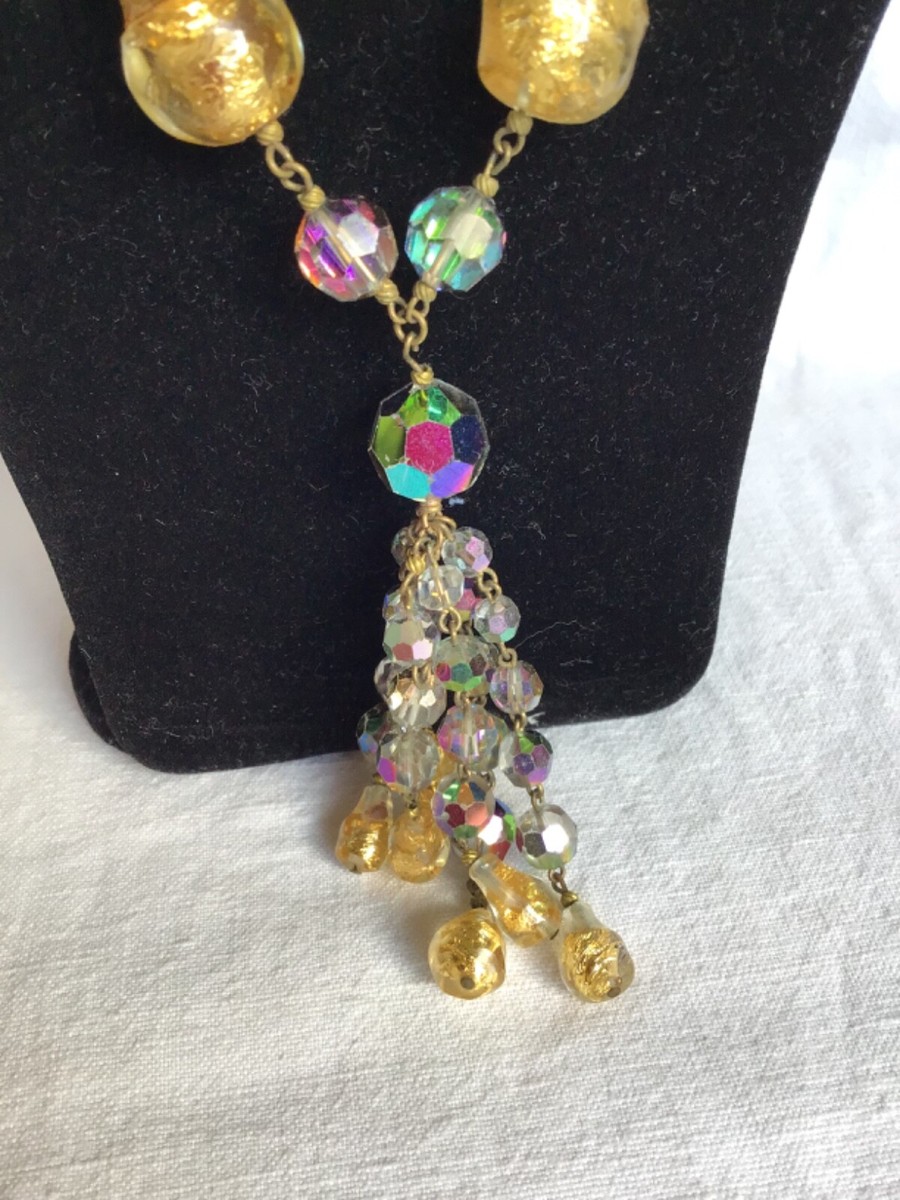 Collier Sautoir Vintage Murano Perles De Verre Dorées - Inclusions Bohème, Occasion
