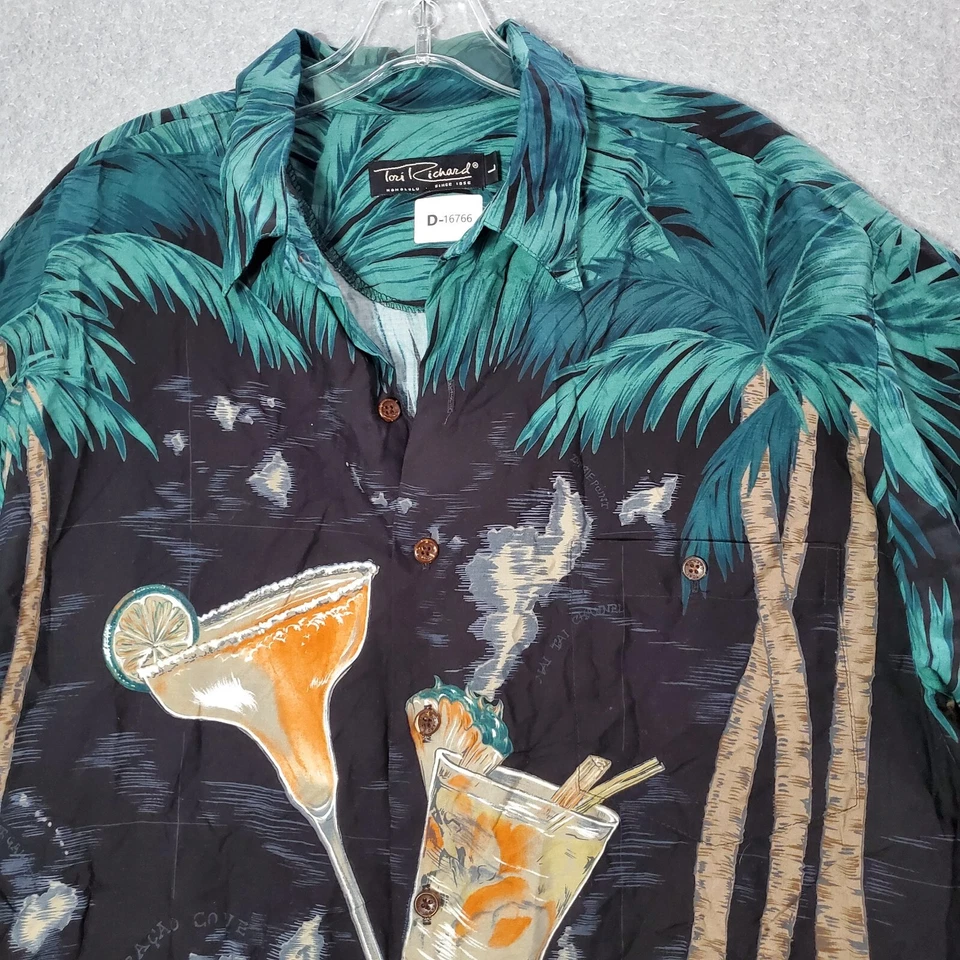 Camisa De Colección Tori Richards Hombres Abotonada Grande Negra Cóctel Palma Hawaiana Foto 2 de 4