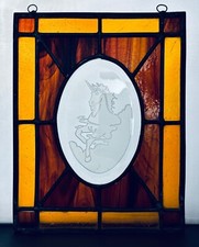 VINTAGE STAINED GLASS W/ ETCHED FROSTED UNICORN WINDOW HANGING SUN CATCHER 9 X7