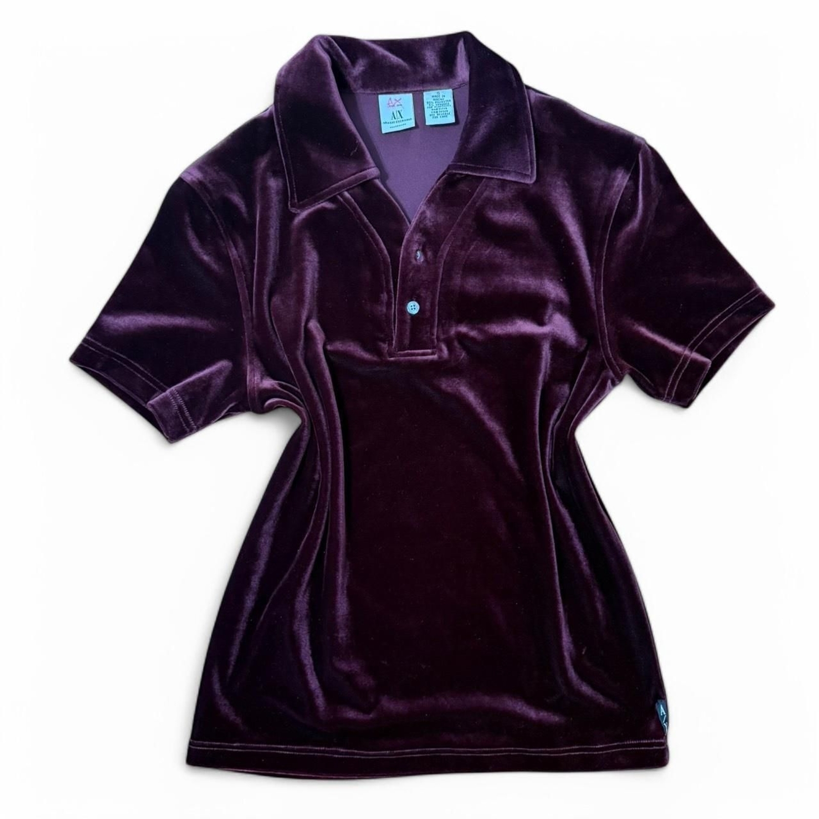 Burgundy velvet Armani Exchange polo shirt women size small. Authentic Armani.