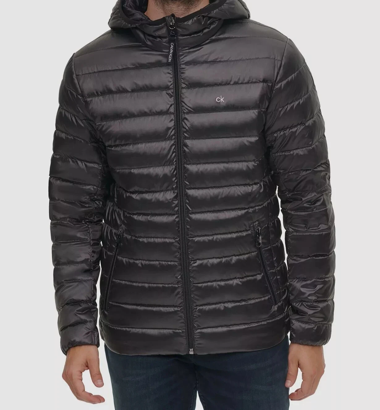 Calvin Klein Men's Gray Packable Hooded Down Puffer Coat Jacket Size L