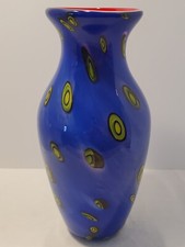 Modern cobalt blue blown art glass vase /w red inside  white stripe around rim