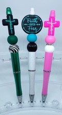 Lot of 3 Religious Theme Beaded Ink Pens Black Ink Refillable - Free Refills