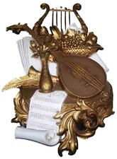 Vintage 1971 Syroco #7236 Hanging Wall Art Music Mandolin Harp Fruit Gold