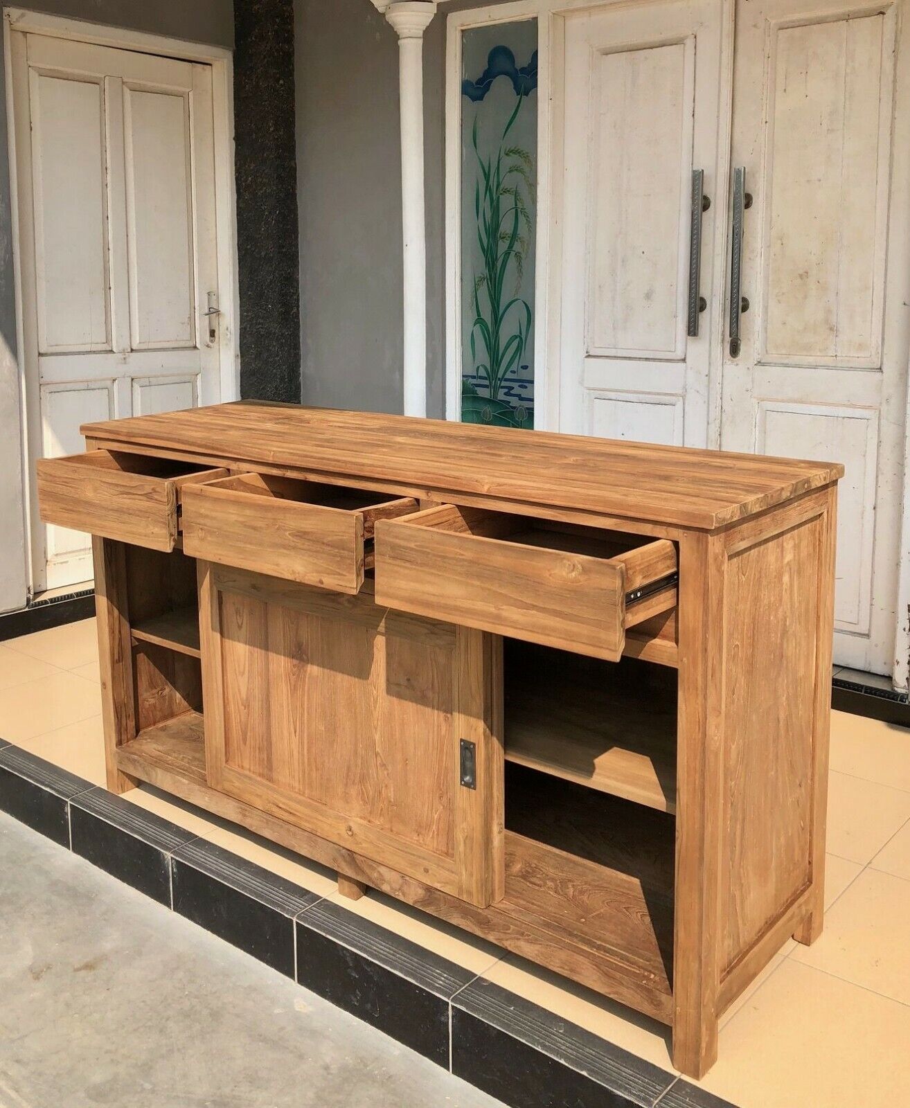 2-türige Echtholz massiv Teak Teakholz Sideboard Kommode Ronan mit 3 Schubladen