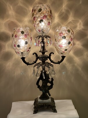 Vintage Figural Cherub Lamp Bohemian Coin Spot Optic Crystal Marble Czech