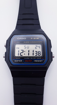 1990s CASIO F-91W (593) Men's 35mm Digital Watch Black Alarm