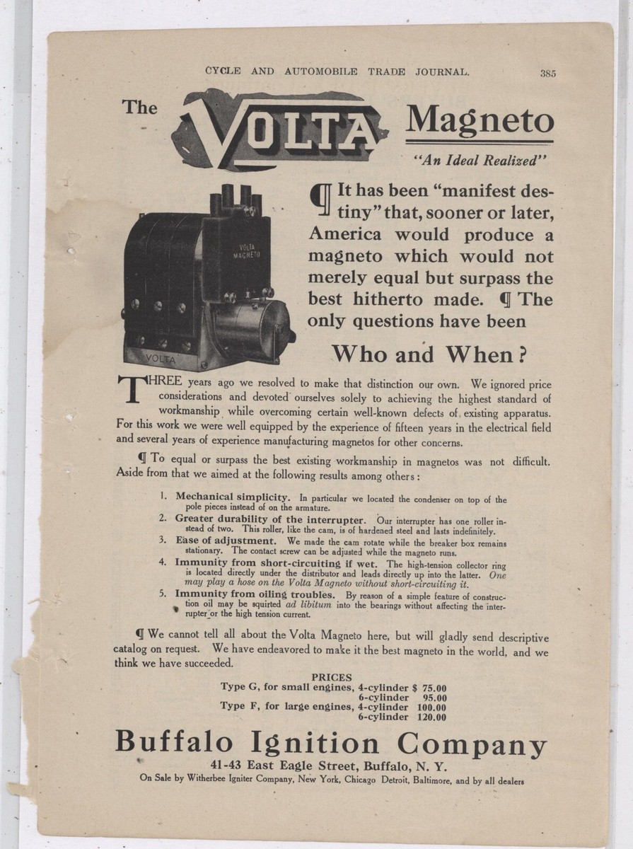 1910 Buffalo Ignition Ad: The Volta Magneto Eagle Buffalo, New  York