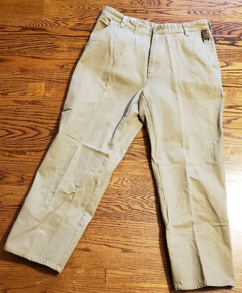 ORVIS Mens Heavy Cotton Hiking Utility Leather Trim Pants Khaki Sz