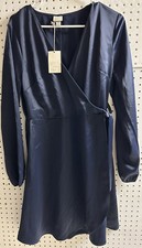A New Day Satin Tie Around Waist Slit Opening Midi Dress Women s Medium Navy NWT