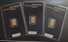 Argor Heraeus GOLD 3 Sequential # 1 Gram .9999 Bar Sealed Ingot Wallet Cards Lot