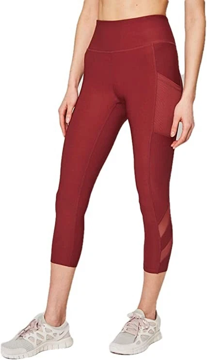 Mondetta Active Capri Pant High Waist Side Pocket Leggings Oxblood Red XXL  (18)