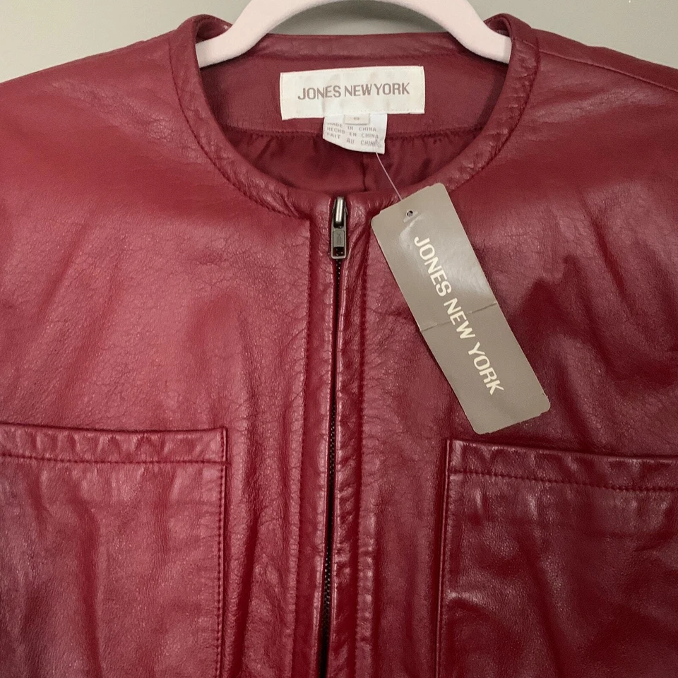 Jones New York Motorcycle Leather Jacket Size 8 Red Full Zip Long Sleeve Pockets - Image 4 of 4