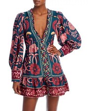 FARM RIO SEASHELL TAPESTRY TEAL LONG SLEEVE MINI DRESS floral Designer size M