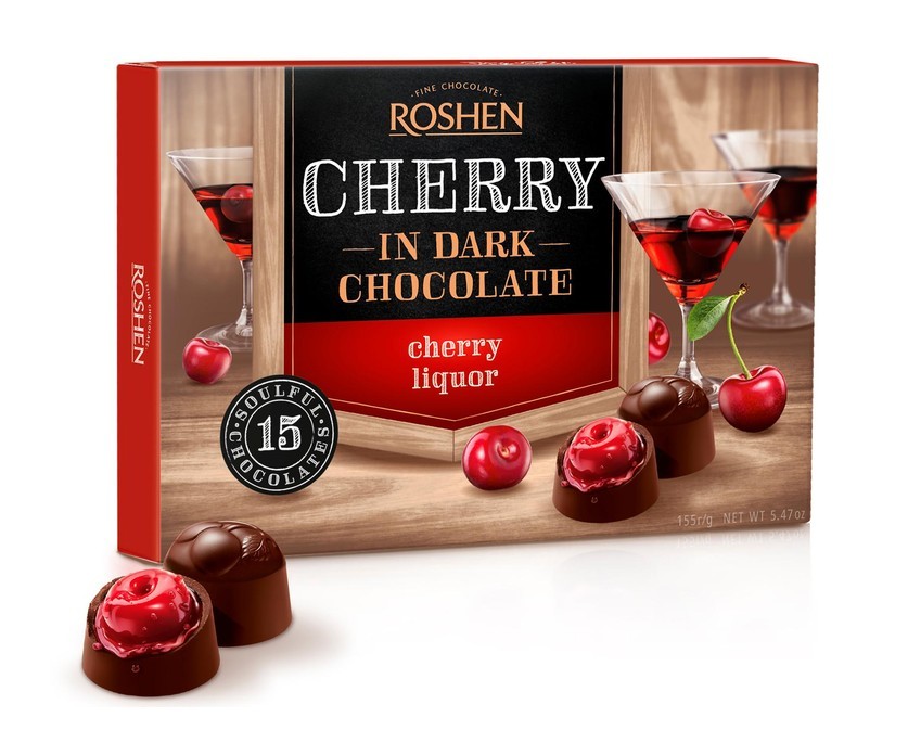 Caramelos de cereza rosada en chocolate negro con relleno de licor de cereza 155 g