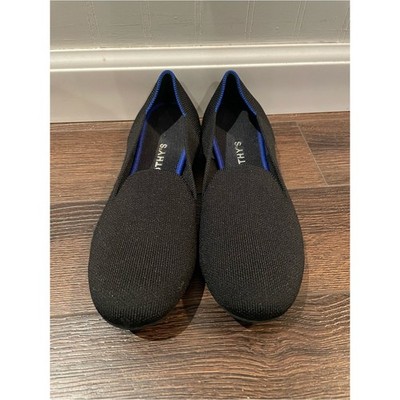 Rothy's The Loafer Round Toe Slip On Ballet Flats Comfy Black with Blue Trim 8