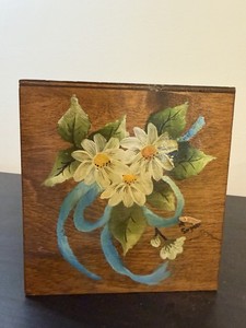 Vintage Square Wood Hand Painted Tissue Box Cover White Flowers Butterflies