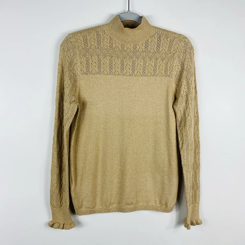 Pullover Ann Taylor LOFT Talla Mediana Pointelle Brillo Cuello Alto Tostado Foto 2 de 4