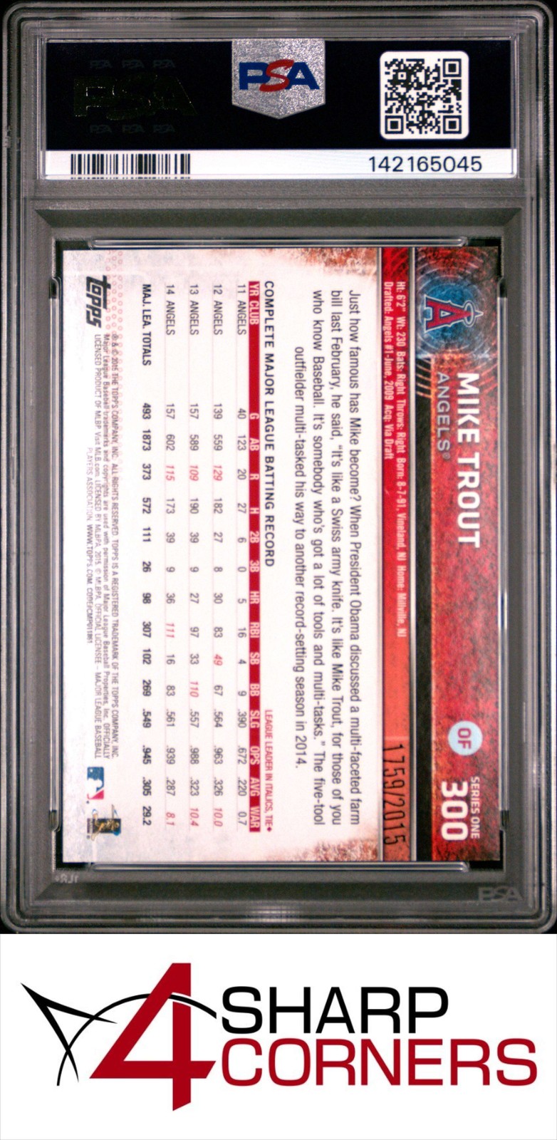 2015 TOPPS GOLD #300 MIKE TROUT ANGELS #/2015 PSA 8 view 2