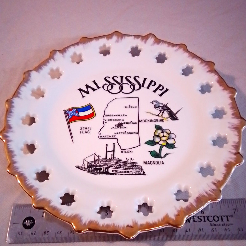Mississippi Decorative Plate State Map & Flag Magnolia Mockingbird Steamboat
