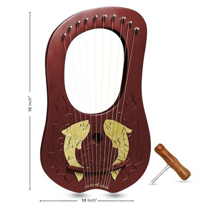 10 String Lyre Harp Solid Wood Brown Golden Fish Design  Tuning Key,  Carry Bag
