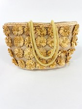 Handcrafted in India Raffia Straw Flower Tote Bag Beaded Handle Beach Boho