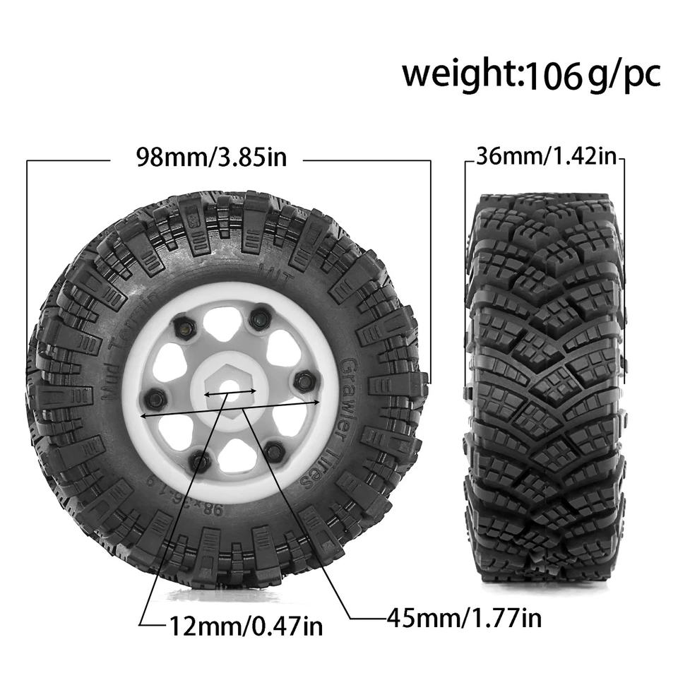 1.9" Beadlock Wheel Rim Rubber Tire Set for 1/10 RC Crawler Car TRX4 RC4WD D90 - Image 2 of 4