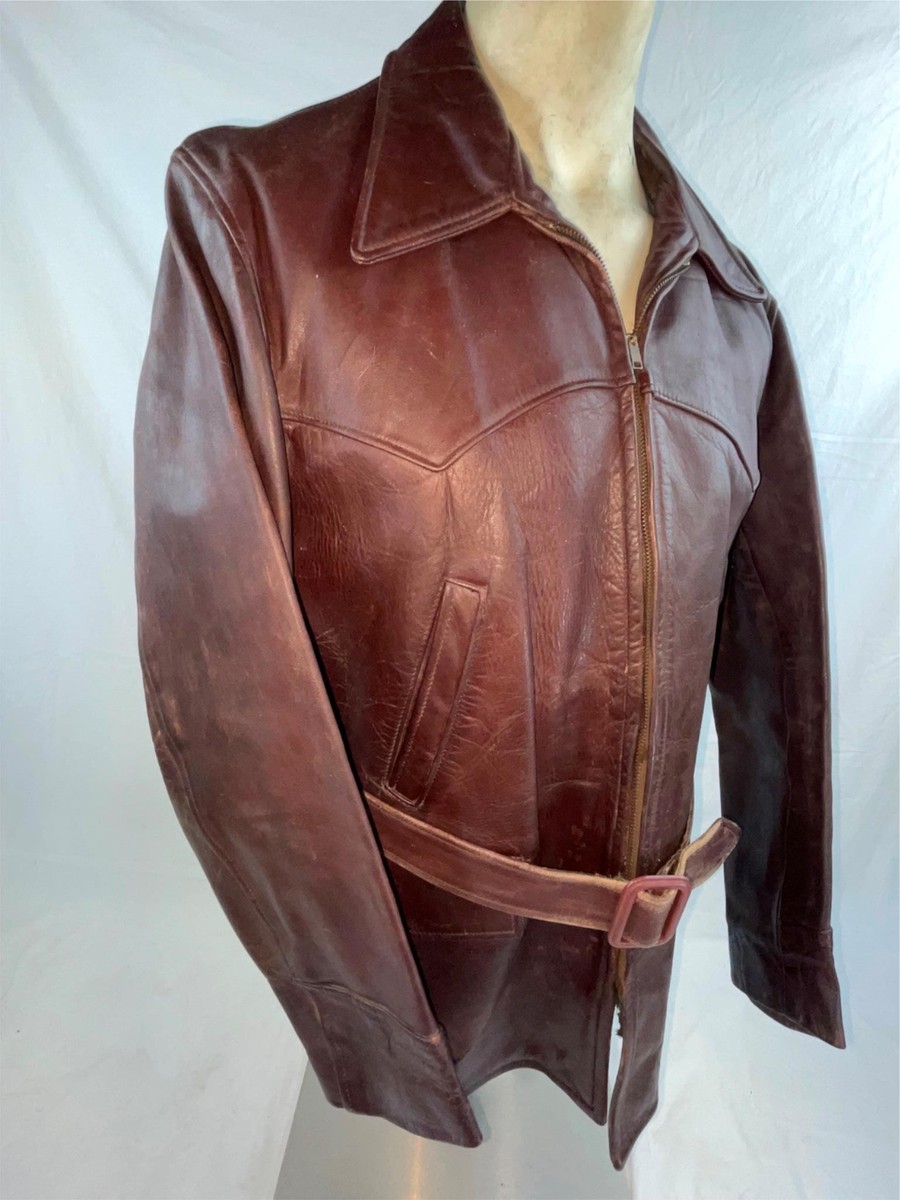VTG 40S 50S MENS M RICH SHER BROWN HORSEHIDE LEATHER BELTED