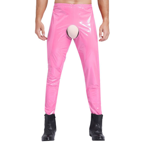 Men's Leather Skinny Pants Zipper Crotch Leggings Tight Motorcycle Biker Pants - Picture 50 of 60