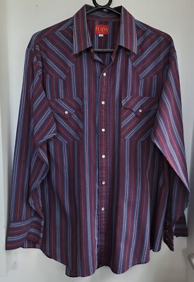 Vintage Ely Plains gestreiftes Cowboy Hemd Perlen Druckknöpfe 50''-127cm L (181WR)