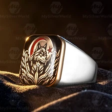 925 Sterling Silver Crescent Moon Star Gray Wolf Turkish Men's Ring