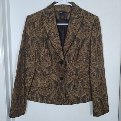 GRACE ELEMENTS Brocade Blazer Women's 8 Dark Gold Brown Paisley Lined 90s 