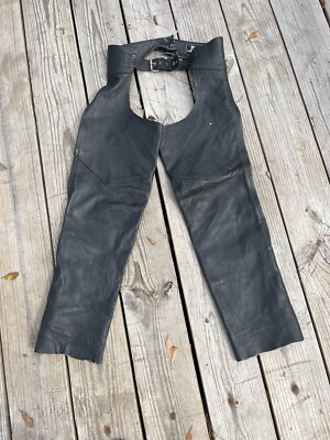 Vintage LG Cambridge Int Blck Leather Assless Chaps XL Braided Tie Biker
