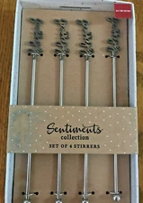 Set/4 Metal Silver Tone Cocktail Beverage Stirrers Swizzle Sticks "Blessed" New