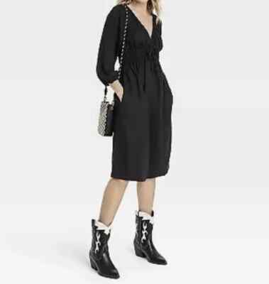 Women's Tie-Front Puff 3/4 Sleeve Midi Dress - Universal Thread Black XS Women's Tie-Front Puff 3/4 Sleeve Midi Dress - Universal Thread Black XS
